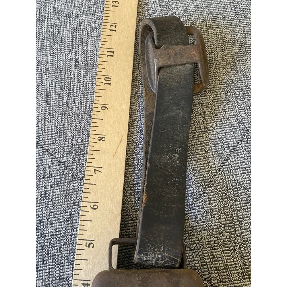 VTG Antique Rustic Metal Cowbell with Heavy Leather Strap & Iron Buckle Country